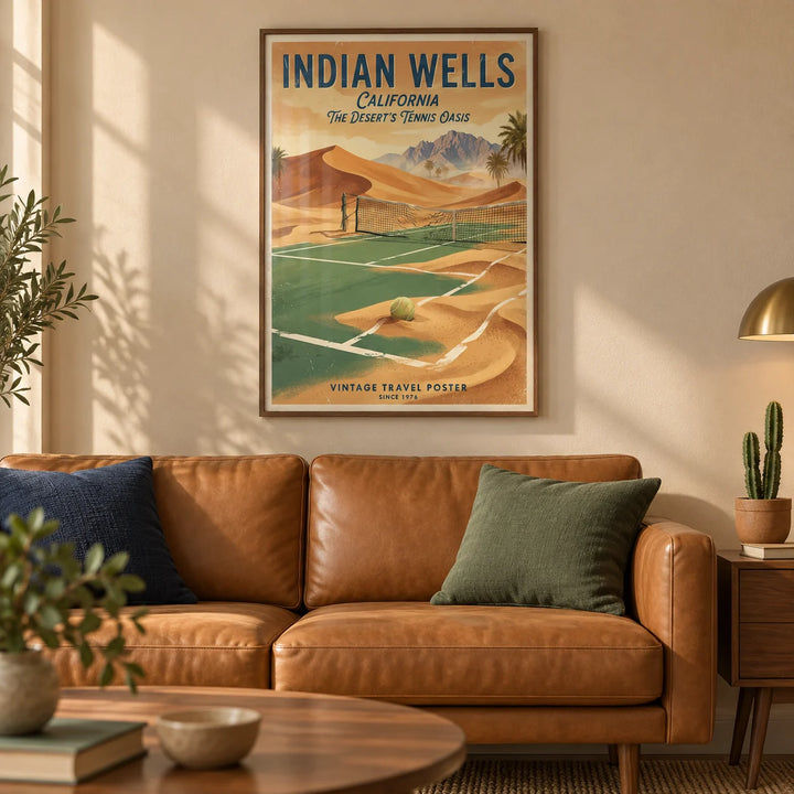 Vintage Tennis Poster, framed on the wall of a warm mid-century living room with a sand-coloured wall