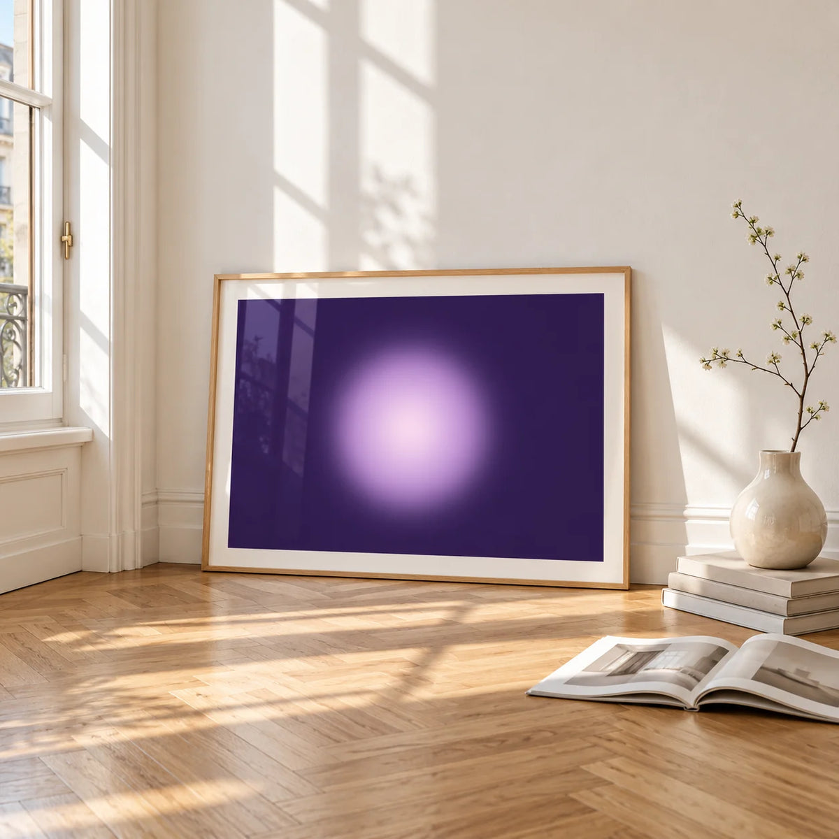 Violet Print, framed and leaning on the parquet floor of a bright living room