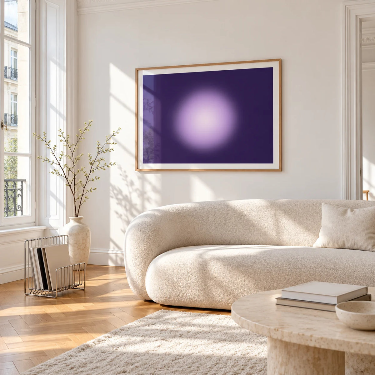 Violet Print, framed on the wall of a bright living room corner