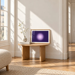 Violet Print, a small A4 framed print leaning on a small solid oak side table