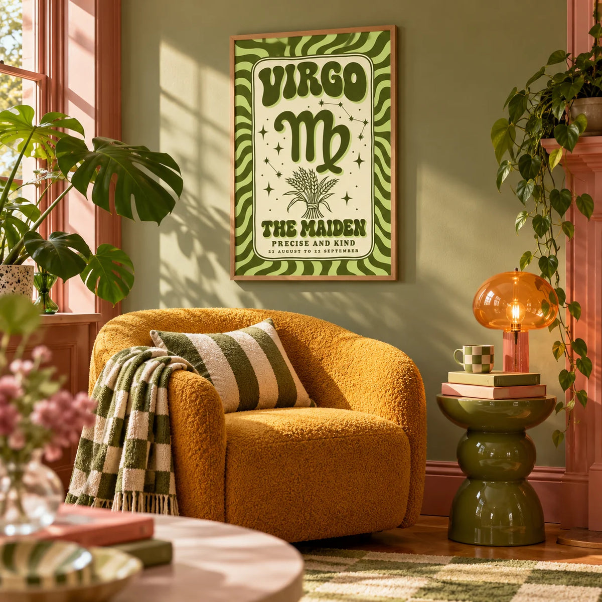 Virgo Print, framed on the wall of a cosy colourful reading nook in a living room