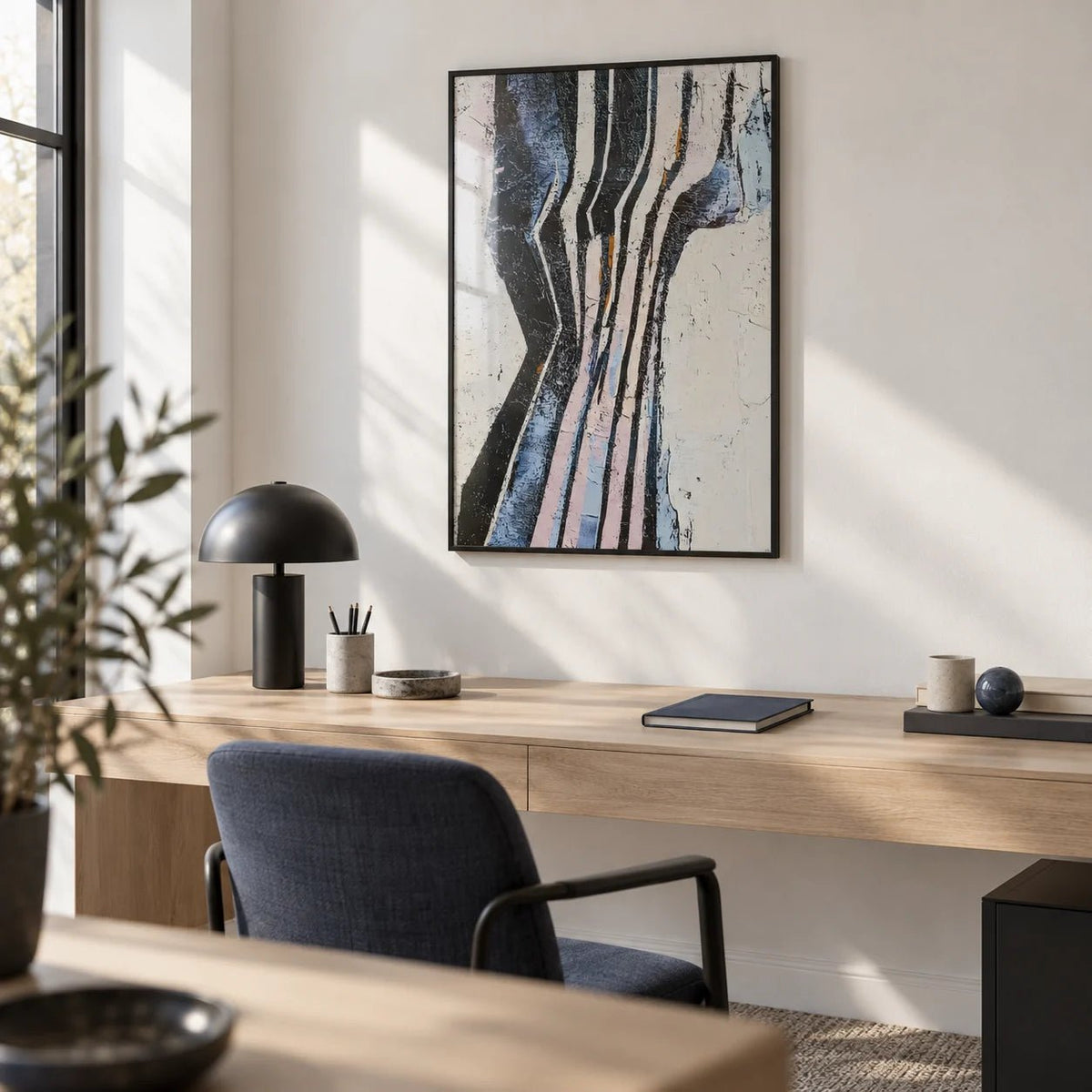 Wabi Sabi Art, framed on the wall of a minimal study