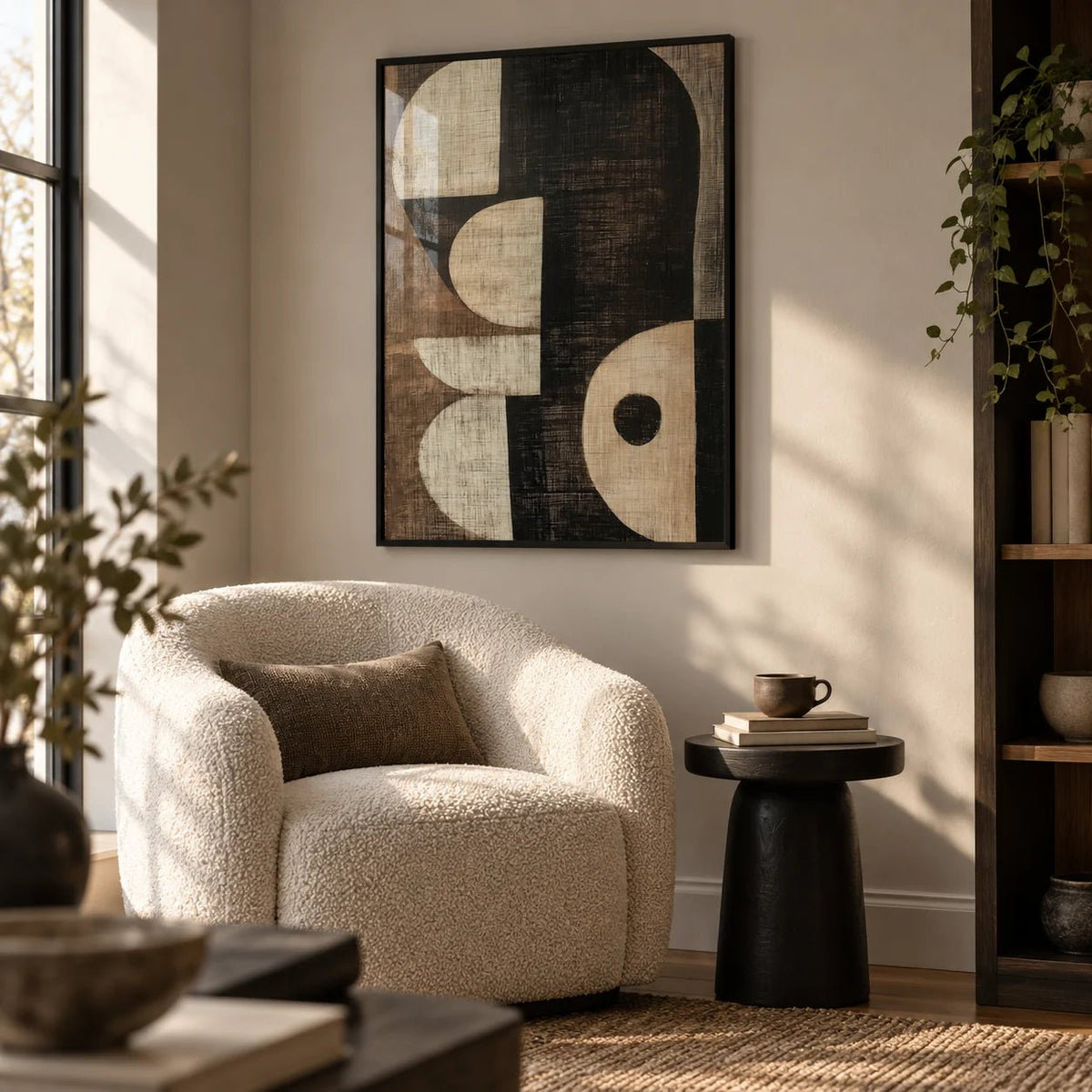 Wabi Sabi Art Prints, framed on the wall of a quiet reading corner in a living room