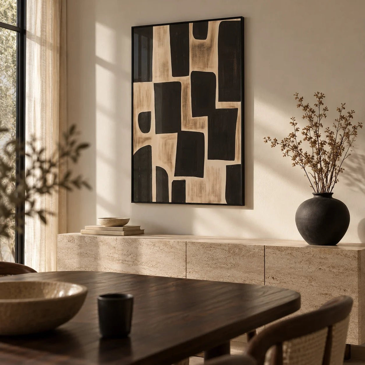 Wabi Sabi Artwork, framed on the wall of a calm dining room