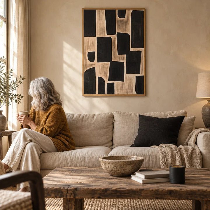 Wabi Sabi Artwork, framed on the wall of a wabi-sabi living room with a warm limewashed wall