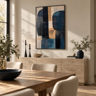 Wabi Sabi Painting, framed on the wall of a calm dining room