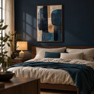 Wabi Sabi Painting, framed on the wall of a moody bedroom with a deep navy painted wall
