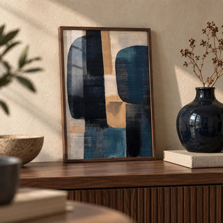 Wabi Sabi Painting, a small A4 framed print leaning on a walnut shelf in a living room