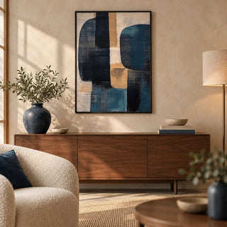Wabi Sabi Painting, framed on the wall of a warm modern living room with a sand limewashed wall