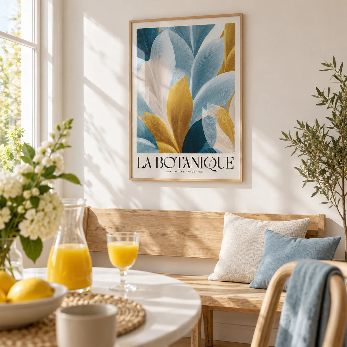 Wall Art Blue and Gold, framed on the wall of a bright breakfast room with a white wall in a kitchen
