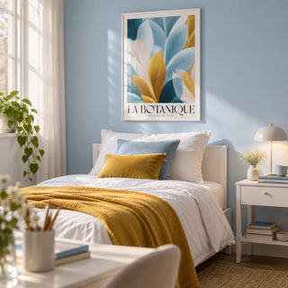 Wall Art Blue and Gold, framed on the wall of a fresh single bedroom for a teenage girl or female student (15-22) with a pale sky blue wall