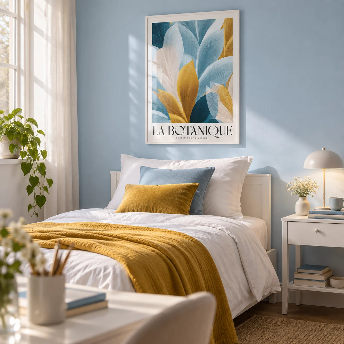 Wall Art Blue and Gold, framed on the wall of a fresh single bedroom for a teenage girl or female student (15-22) with a pale sky blue wall