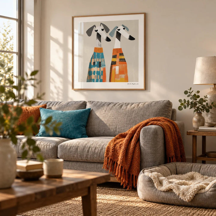 Wall Art Dog, framed on the wall of a cosy living room