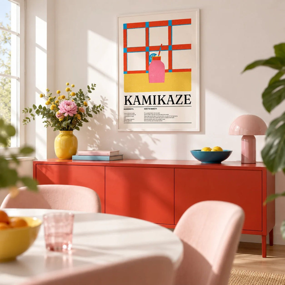 Wall Art Drink, framed on the wall of a bright dining room with a white wall