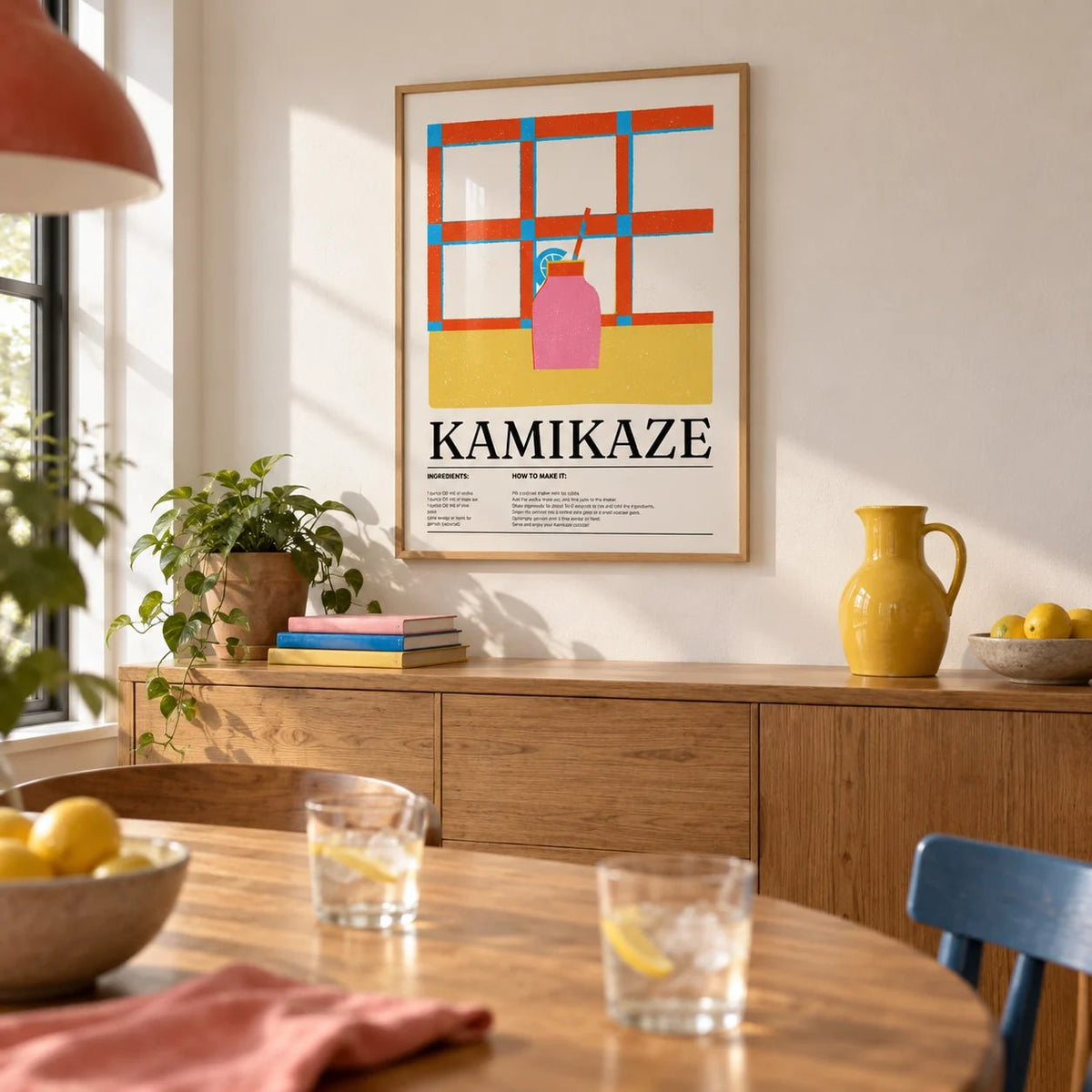 Wall Art Drink, framed on the wall of a kitchen-diner with a white wall