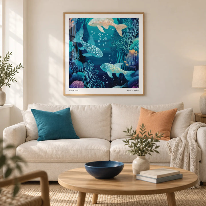 Wall Art Fish, framed on the wall of a contemporary coastal living room in a UK flat with warm white walls and pale oak flooring