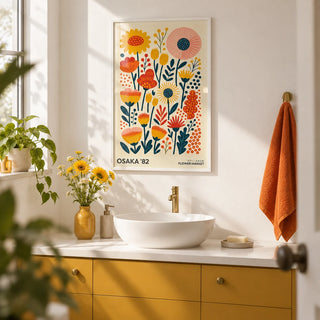 Wall Art Flowers, framed on the wall of a bright bathroom with a mustard painted vanity and plain white walls