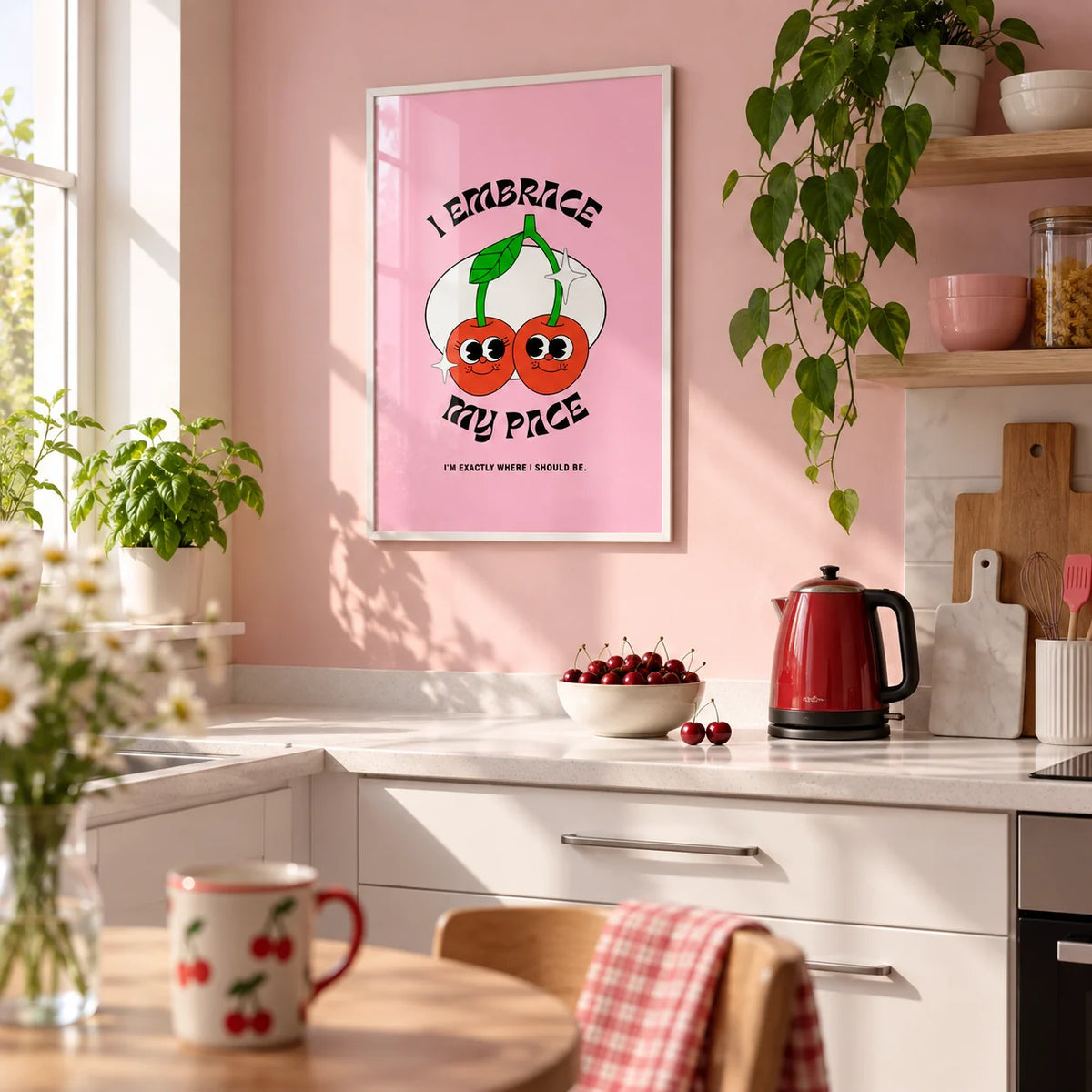 Wall Art for Dorm, framed on the wall of a cheerful first-flat kitchen (22-28) with white units and a soft pink painted wall
