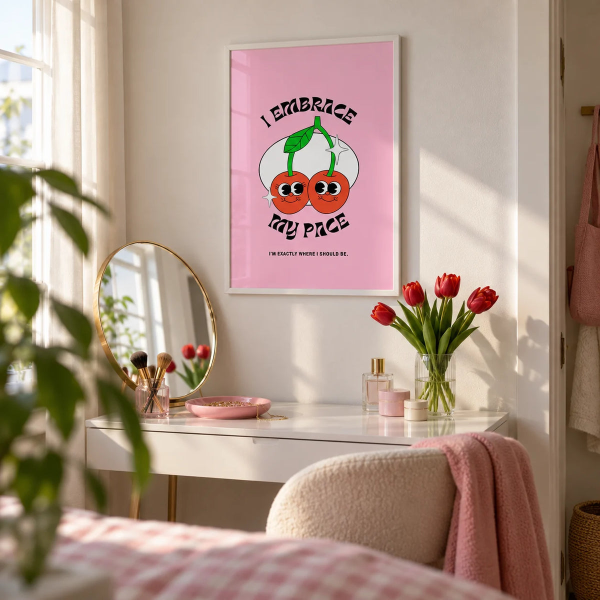 Wall Art for Dorm, framed on the wall of a young woman's dressing corner with a white wall