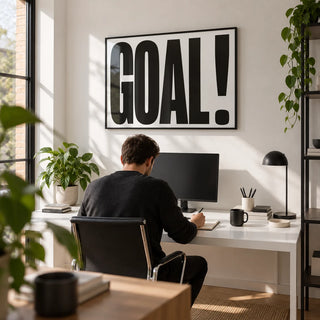 Wall Art for Games Room, framed on the wall of a modern home office with a white wall