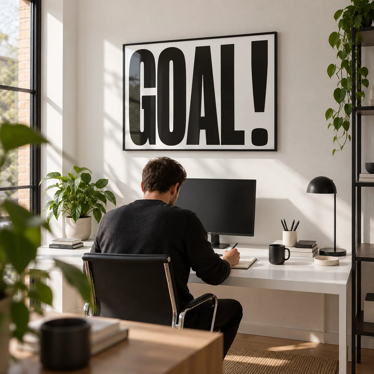 Wall Art for Games Room, framed on the wall of a modern home office with a white wall