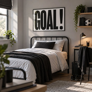 Wall Art for Games Room, framed on the wall of a tidy single bedroom for a teenage boy (13-17) with a light grey wall