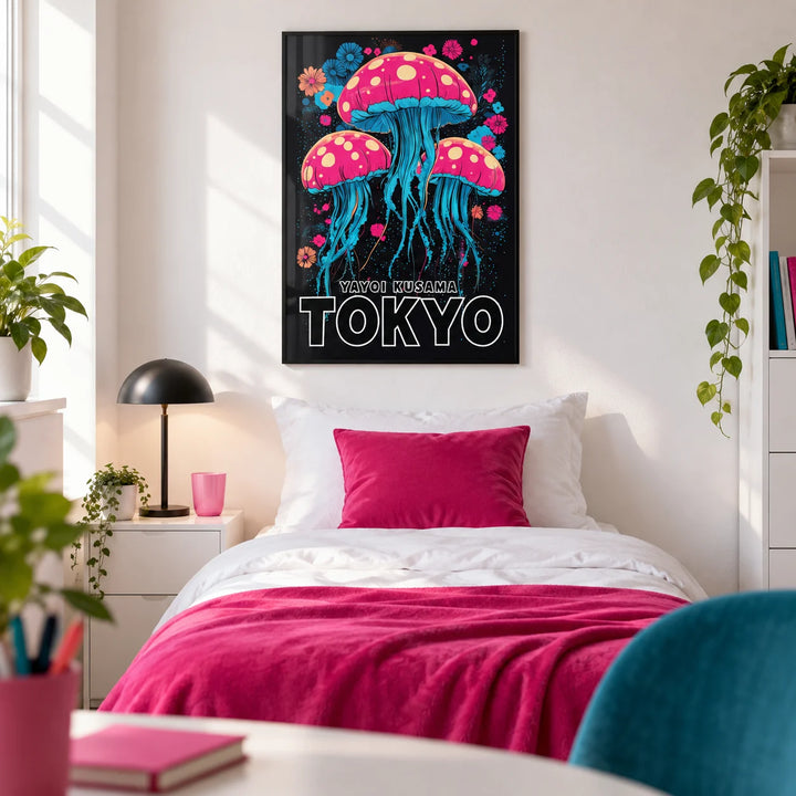 Wall Art for Kids Room, framed on the wall of a modern single bedroom for a teen girl (13-17) with a white wall