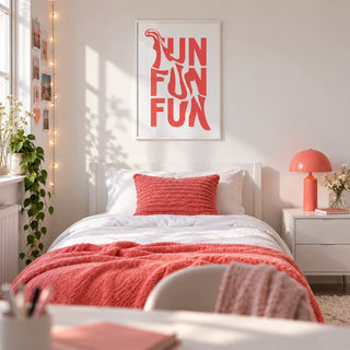 Wall Art for Teenage Girl Bedroom, framed on the wall of a fun single bedroom for a teenage girl (13-17) with a white wall