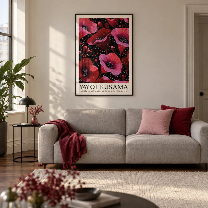 Wall Art in Pink, framed on the wall of a modern living room in a UK city flat with warm white walls
