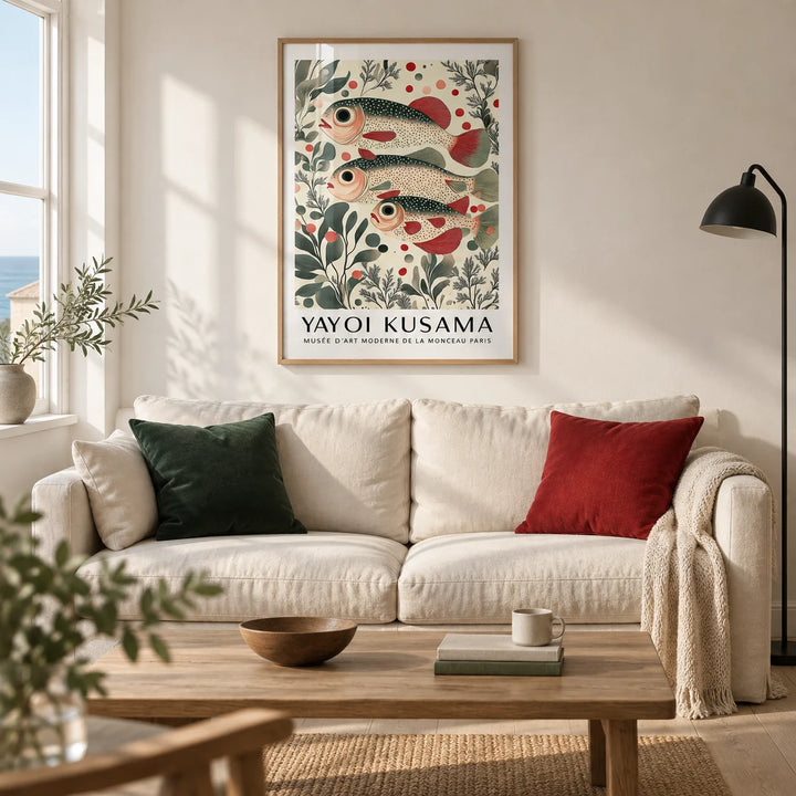 Wall Art of Fish, framed on the wall of a contemporary living room in a UK coastal terrace with warm white plaster walls and pale oak floorboards