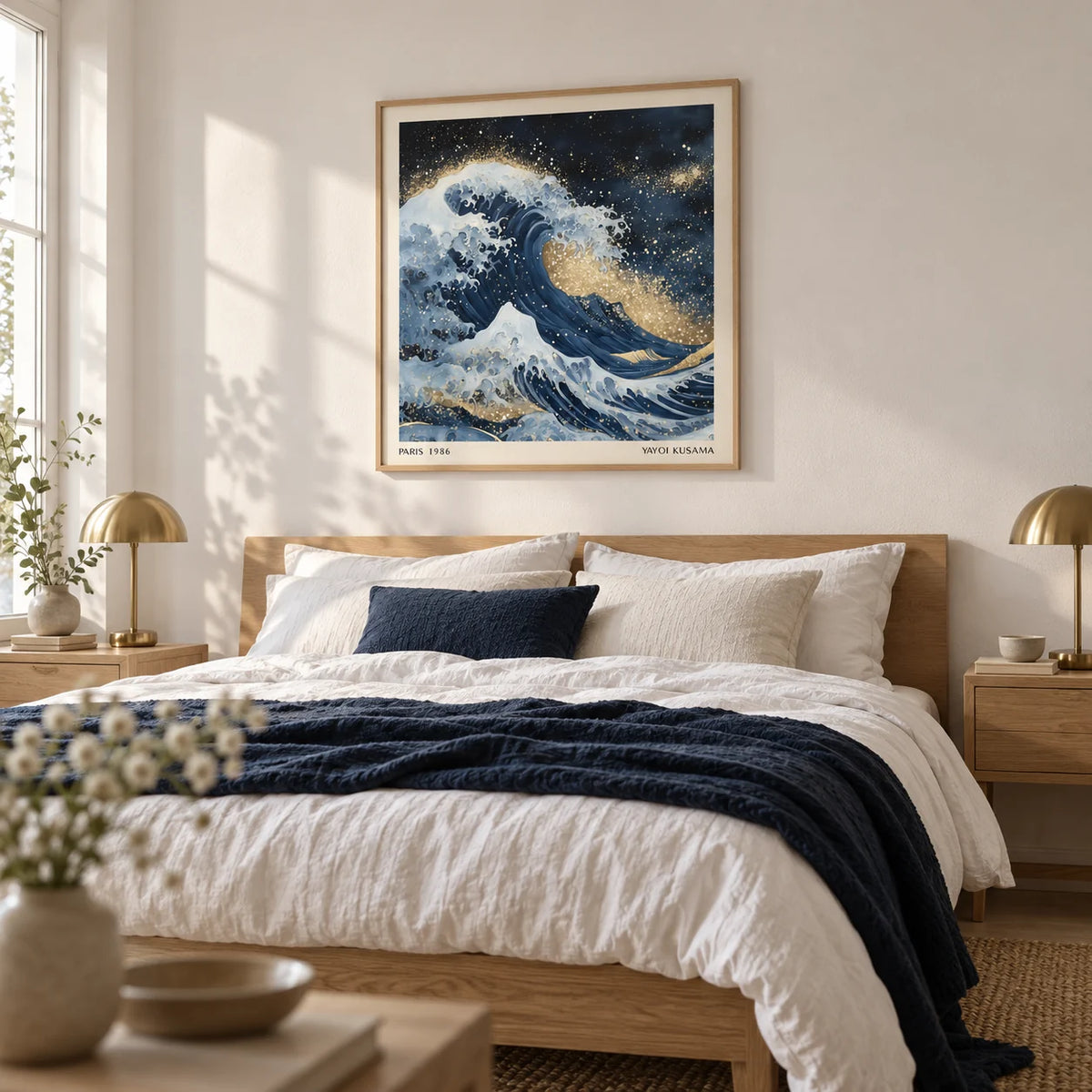 Wall Art of the Ocean, framed on the wall of a calm bedroom with a soft white wall