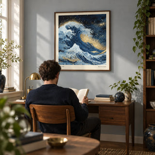 Wall Art of the Ocean, framed on the wall of a characterful home study with a pale grey-blue wall