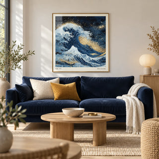 Wall Art of the Ocean, framed on the wall of a modern coastal-meets-Japandi living room with a crisp white wall and a pale oak floor