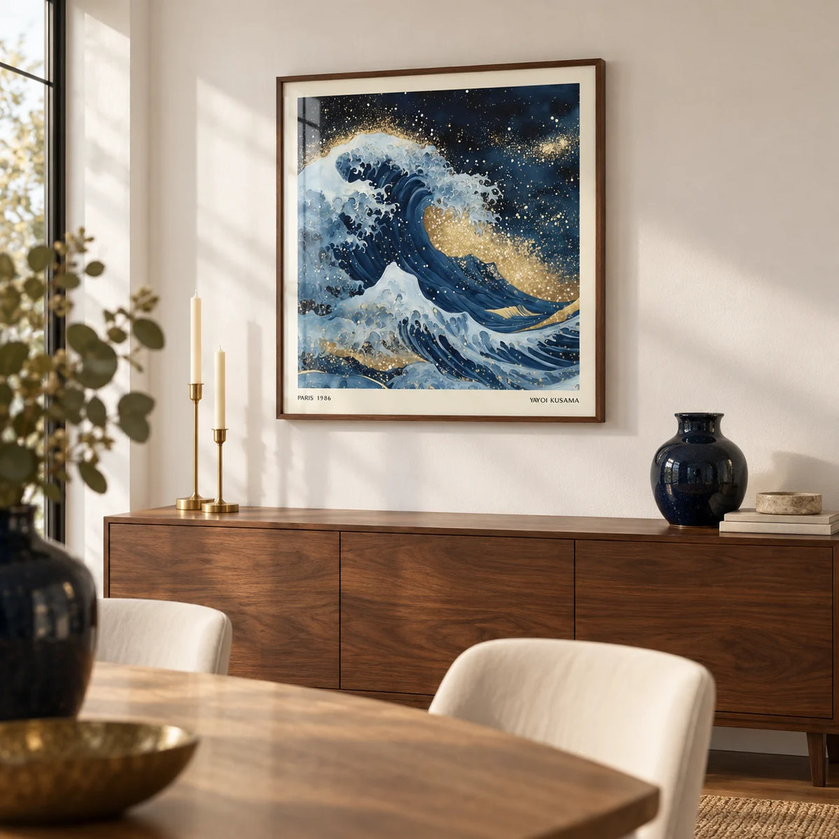 Wall Art of the Ocean, framed on the wall of a modern dining room with a white wall