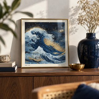Wall Art of the Ocean, a small A4 framed print leaning on a walnut shelf in a living room