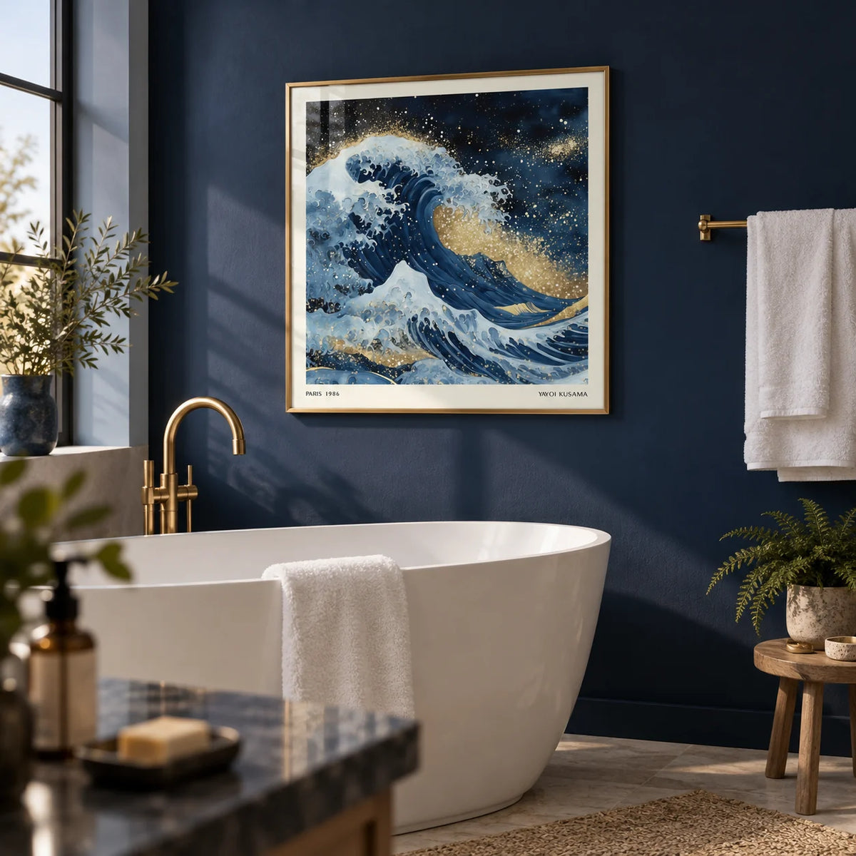 Wall Art of the Ocean, framed on the wall of a smart bathroom with a deep navy painted wall and a white freestanding bath