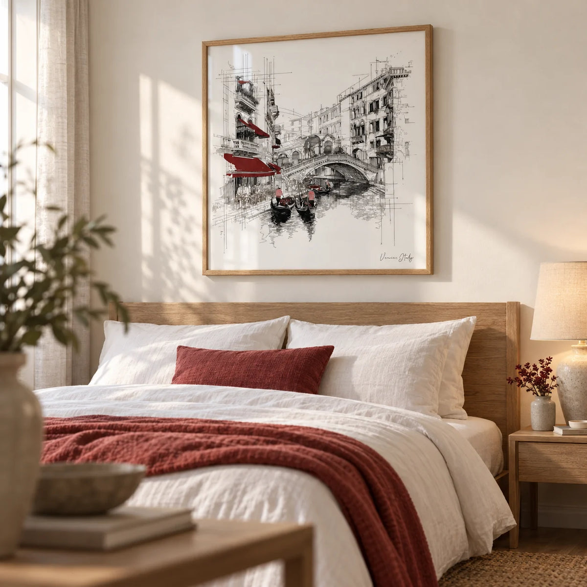 Wall Art of Venice Italy, framed on the wall of a calm bedroom with a warm white wall