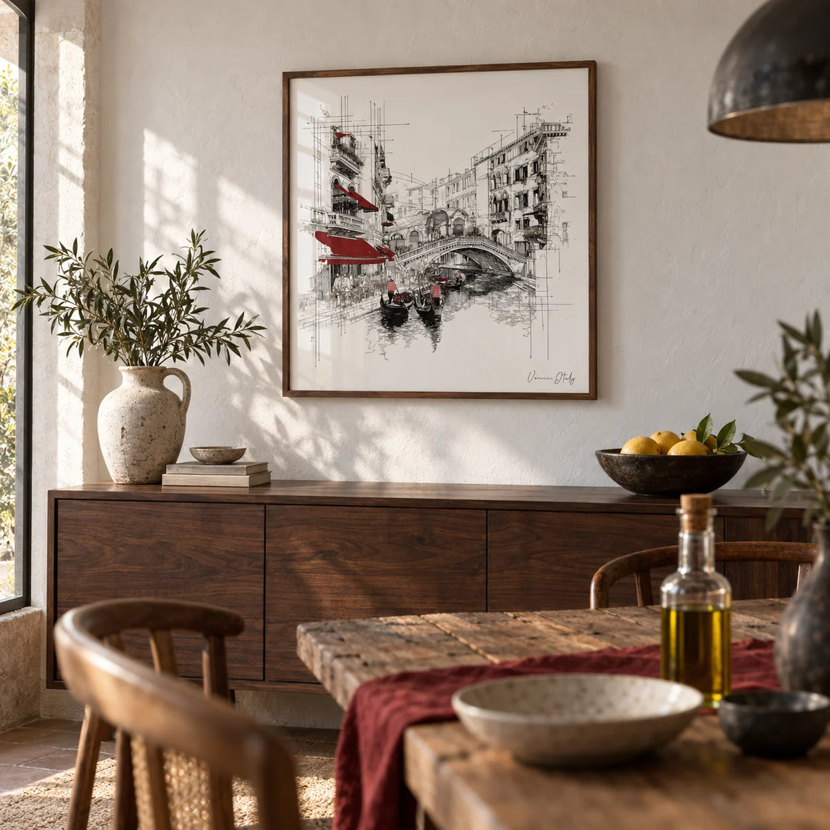 Wall Art of Venice Italy, framed on the wall of a characterful dining room with a white plaster wall