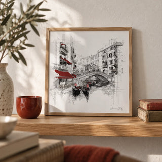 Wall Art of Venice Italy, a small A4 framed print leaning on an oak shelf in a living room