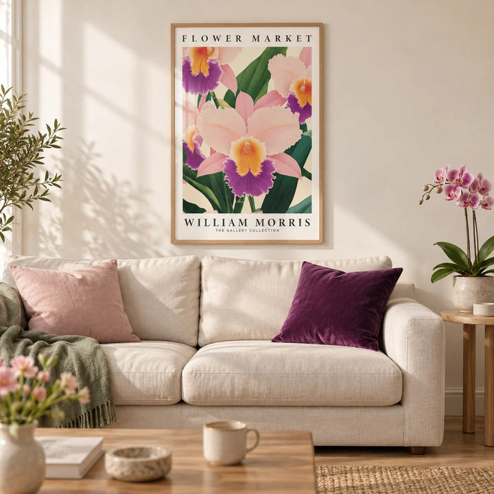 Wall Art Orchids, framed on the wall of a calm living room with a soft cream wall and a light oak floor