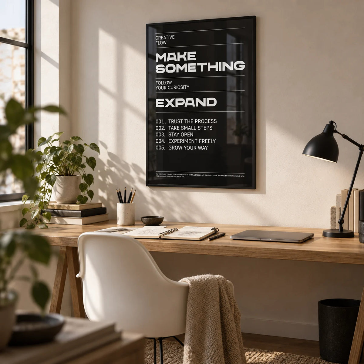 Wall Art Phrases, framed on the wall of a modern creative studio in a home office
