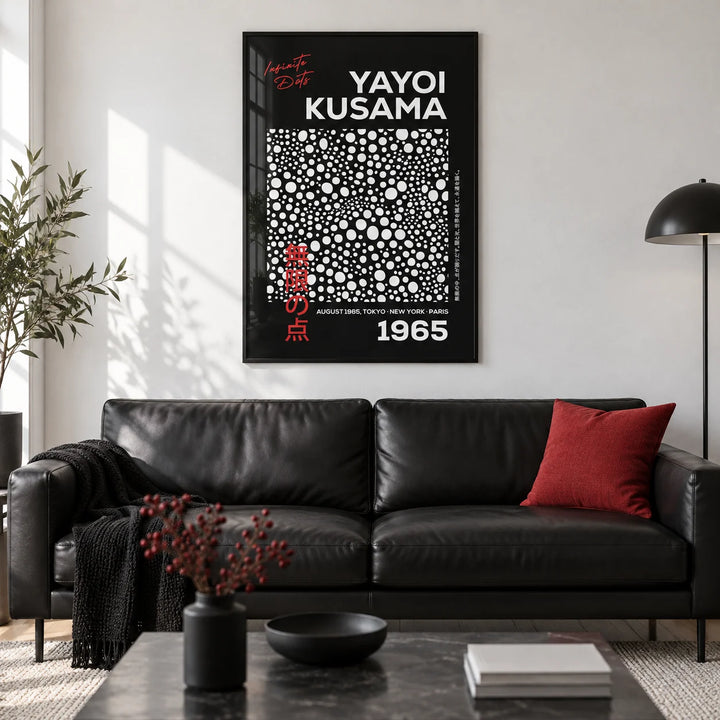 Wall Art Polka Dots, framed on the wall of a modern monochrome living room with a crisp white wall