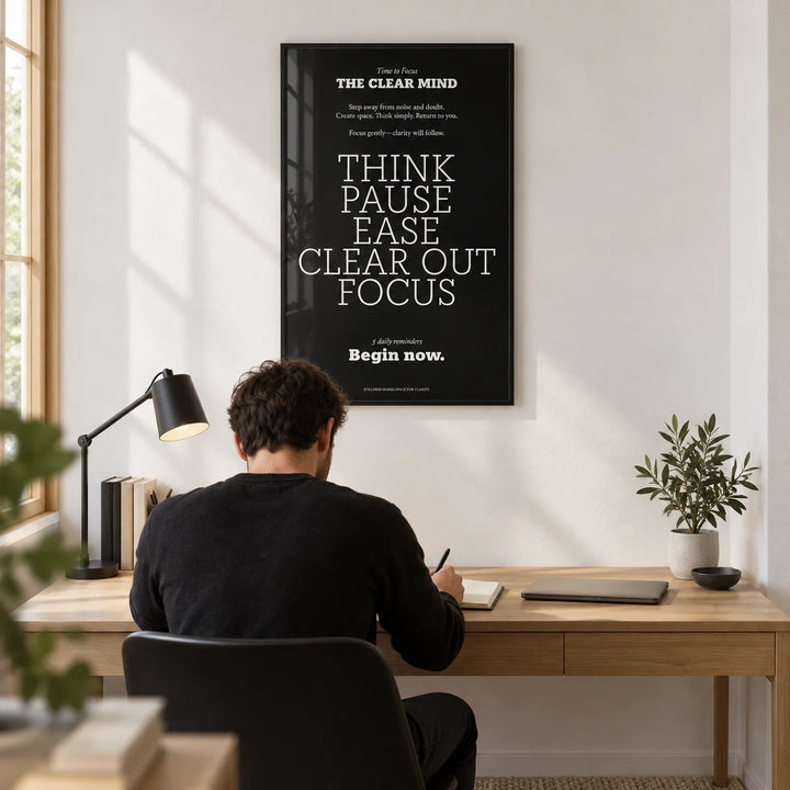 Wall Art Quotes for Home, framed on the wall of a minimal home office with white walls