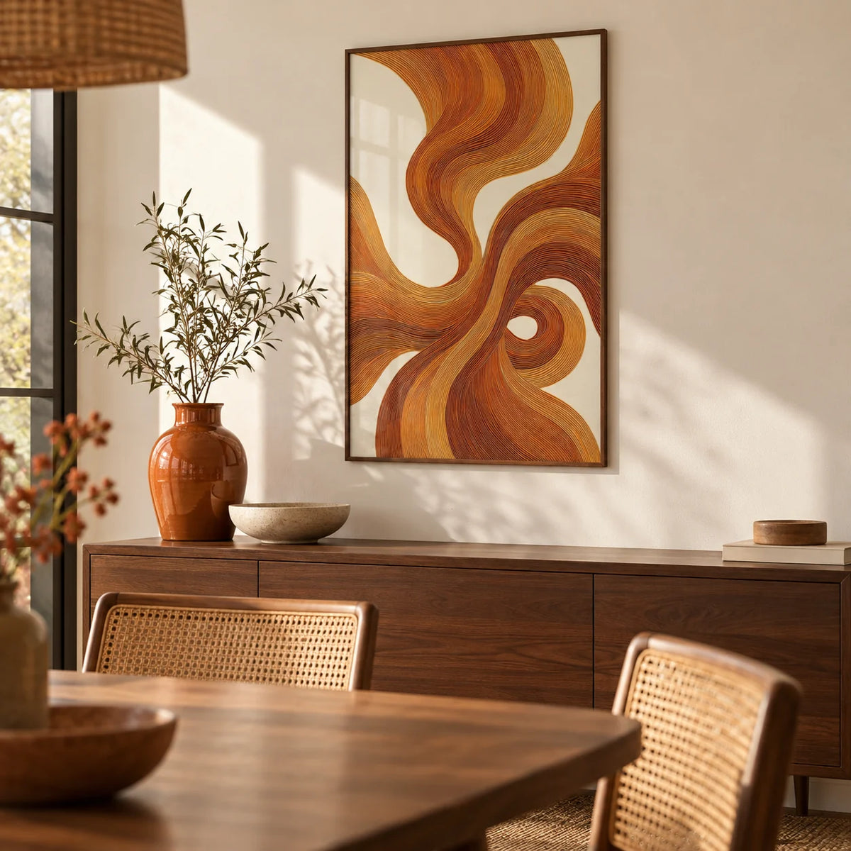 Wall Art with Burnt Orange, framed on the wall of a warm dining room