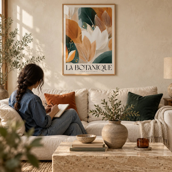 Wall Art with Leaves, framed on the wall of a warm living room with a cream limewashed wall