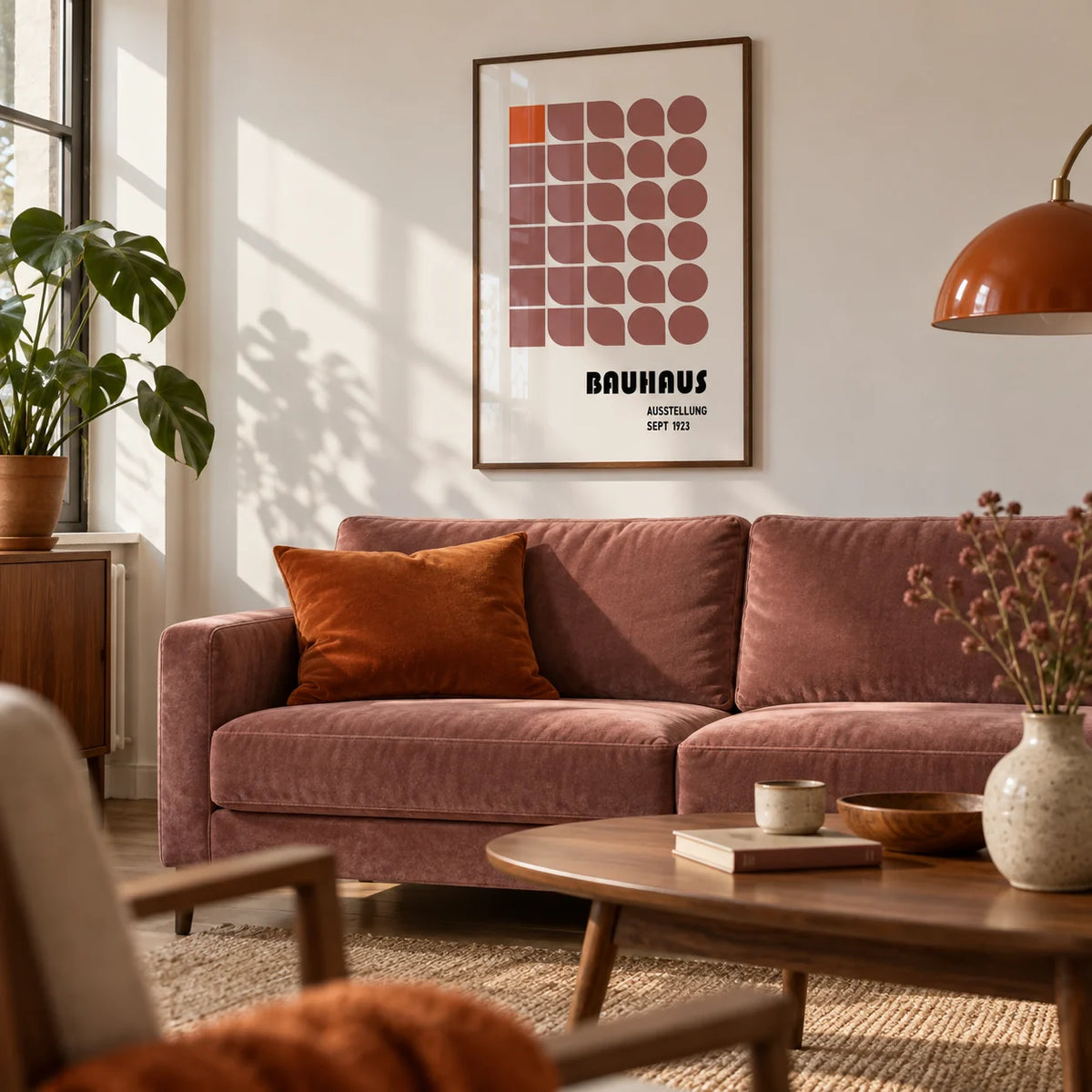 Wall Hanging Geometric, framed on the wall of a mid-century living room with a white wall