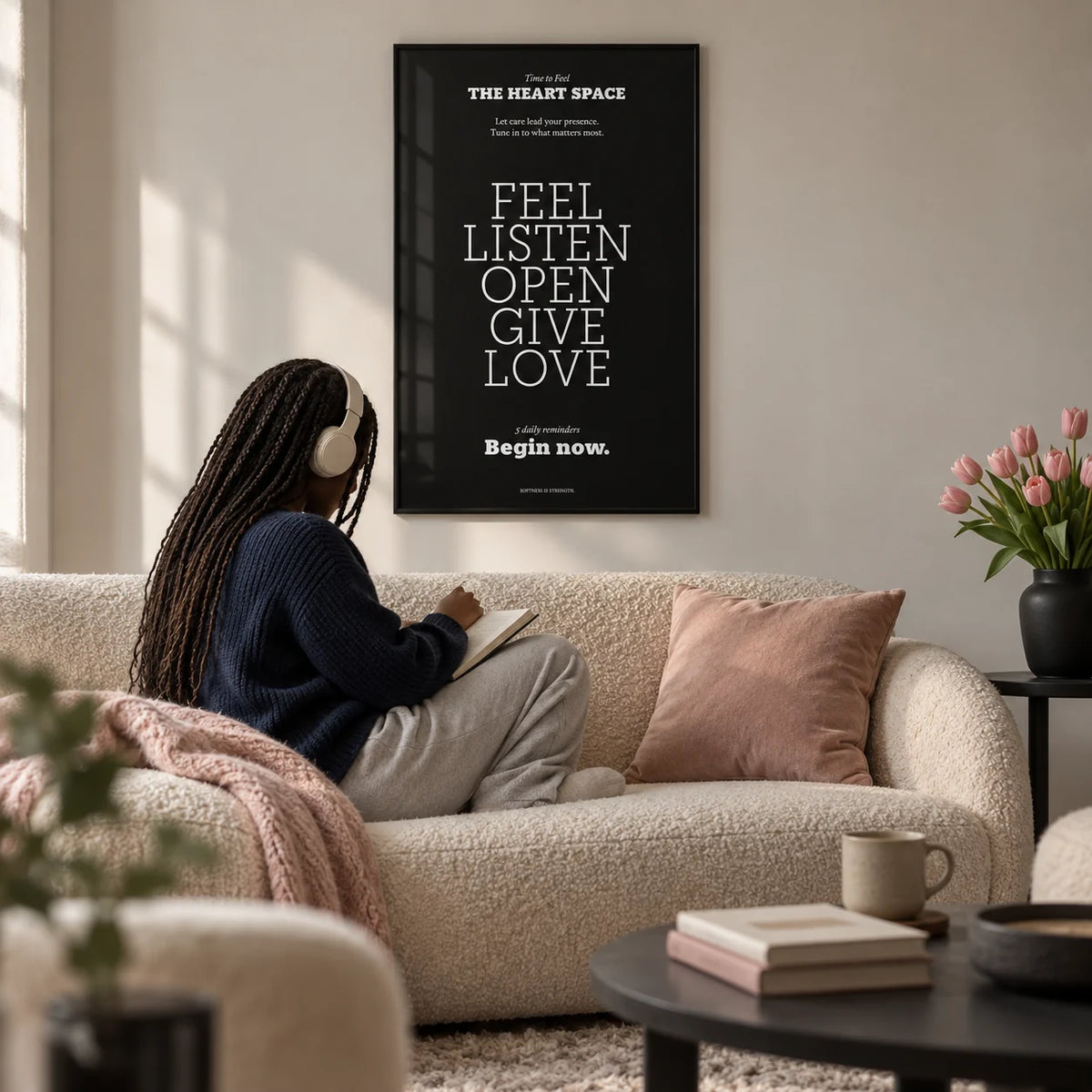Wall Quotes for Bedroom, framed on the wall of a soft modern living room