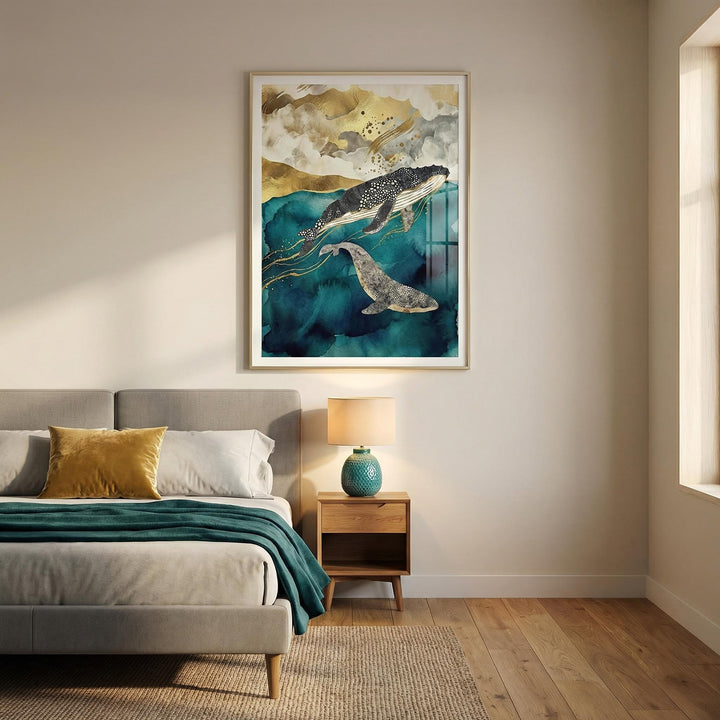 Whale Art Print on a bedroom wall above a bedside table with a teal lamp and beige walls