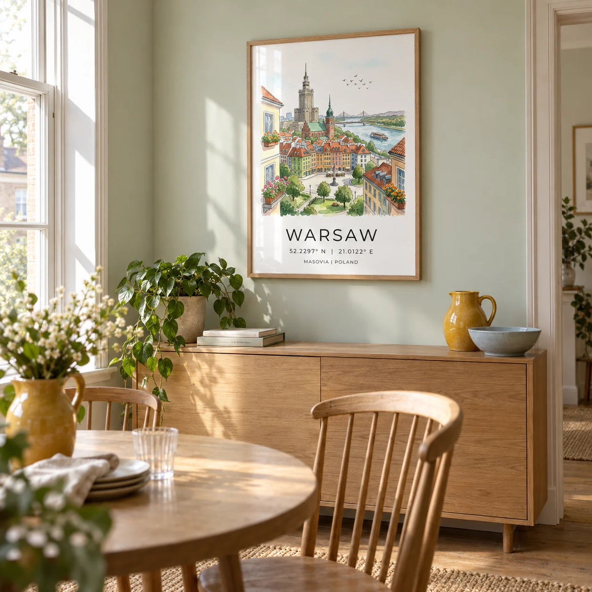 Warsaw City Art Print, framed on the wall of a light dining room in a UK flat with pale sage walls and a tall sash window