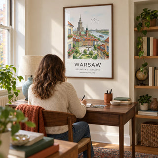 Warsaw City Art Print, framed on the wall of a quiet home study for a travel-loving adult in a UK terrace with a cream wall and a recessed bookshelf holding a few plain-spined books